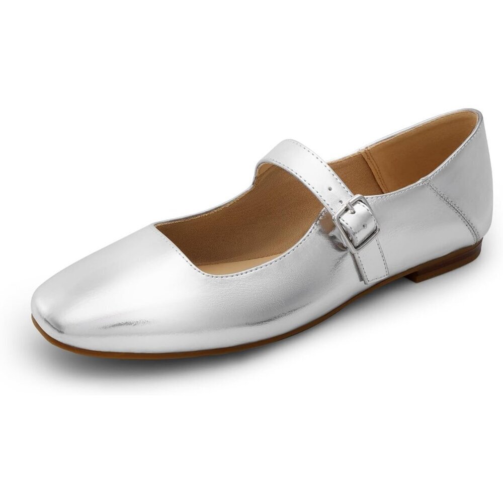 Dream Pairs Women's Silver Faux Leather Square Toe Buckle Strap Ballet Flats